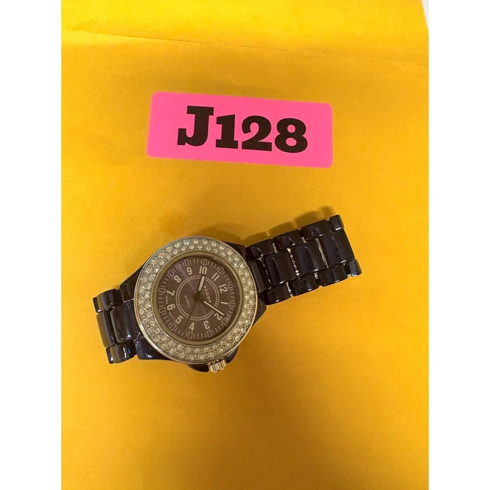 Scoop Quartz Watch Purple Dial Crystal Bezel Navy Link Bracelet Need Battery